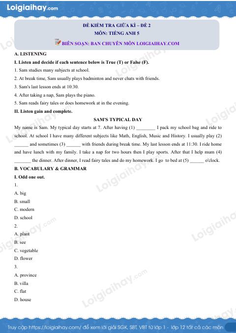 Đề thi giữa kì 1 Tiếng Anh 5 - Đề số 2